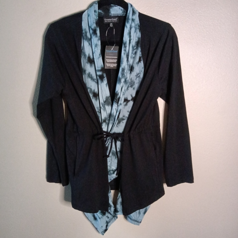 🦋 Greater Good Cardigan Black Blue Silk Tie Dye Tie Front S/M NWT
